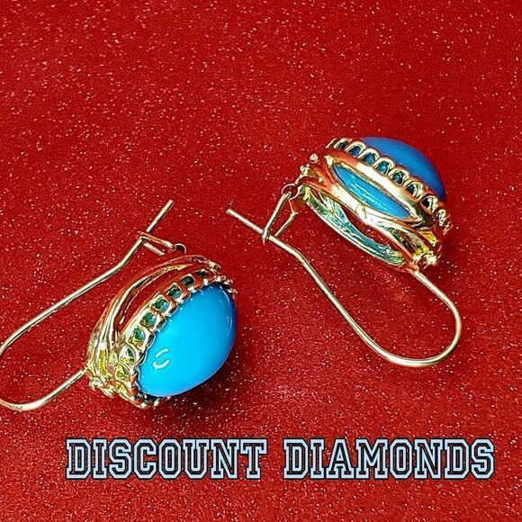 Oval Blue Turquoise Dangle Earrings 14K  Gold on 925 Sterling Silver Women's - Picture 5 of 8